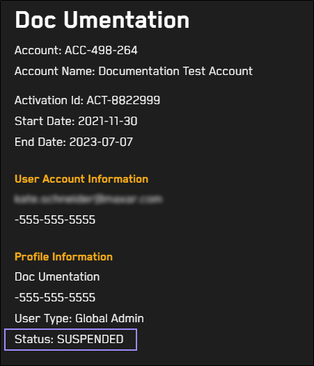 User information page, showing a SUSPENDED status.